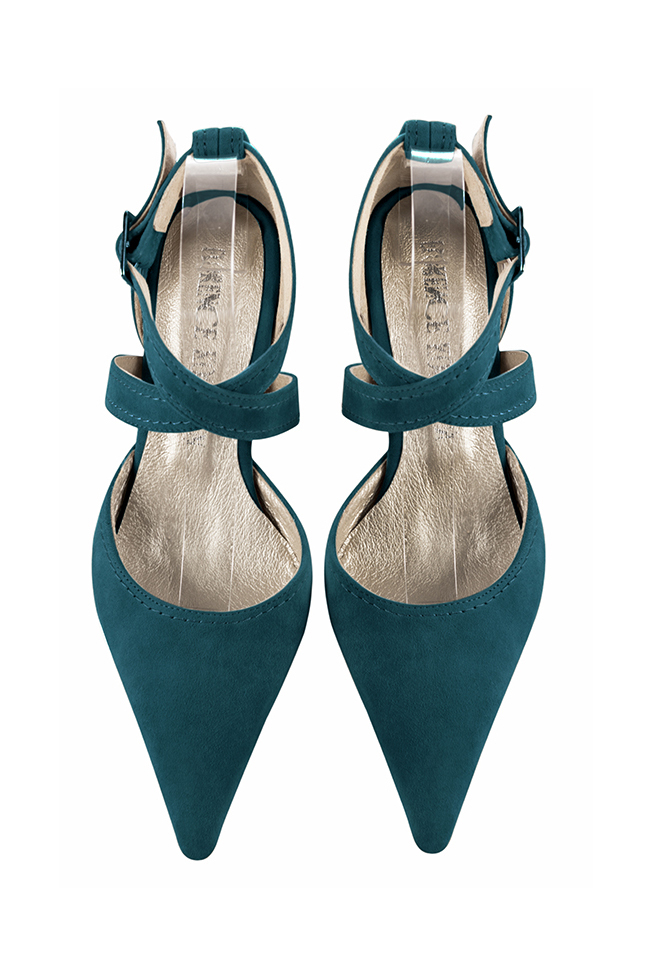Women's peacock blue open side dress shoes, with crossed straps. Pointed toe. High spool heels - Top view